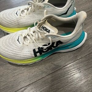 Hoka White Running Shoes with Teal and Yellow Gradient Accents